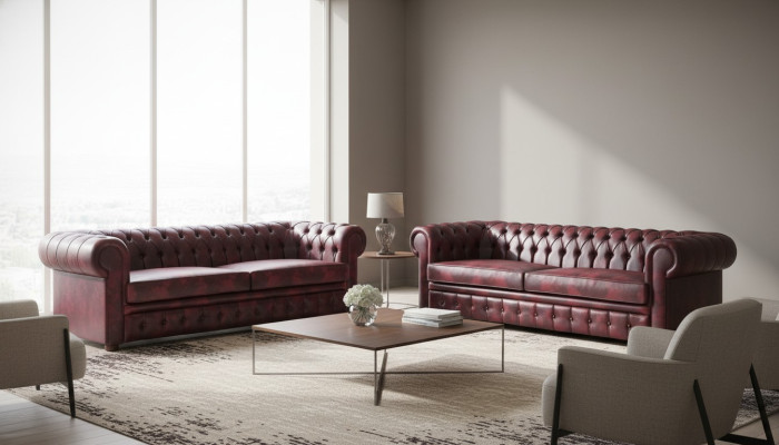 Chesterfield 3-Zits Bank Bordeaux Sofa's Klassiek Lederen Sofa's Hout 2-delig