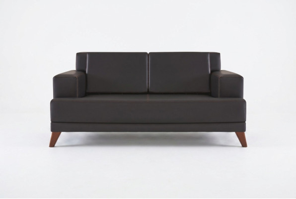 Bank Leren 2-Zits Sofa Zwart Effen Modern Design Leren Bank Hout