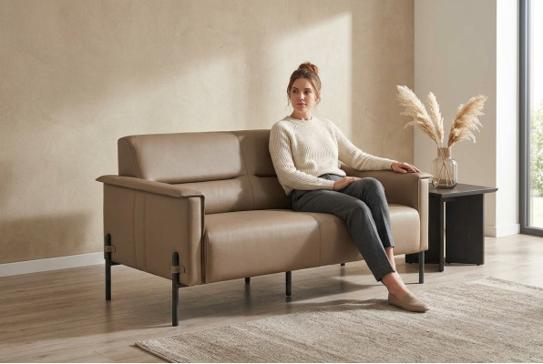 Bank Beige 2-zitsbank Modern Leren Bank Meubel Tweezits Leer