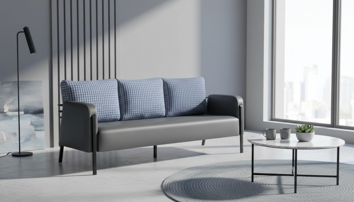 Bank Grijs Blauw Fauteuil Bekleding 3-Zits Modern Kussen Leer Roestvrij Staal