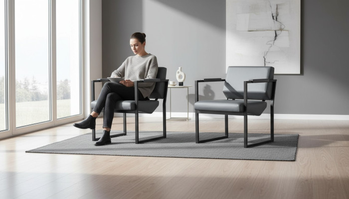 Bureaustoel Set Fauteuil Zwart Leunstoel Modern 1-Zitter Leer Roestvrij Staal