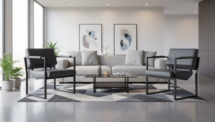 Bureaustoel Set Fauteuil Zwart Leunstoel Modern 1-Zitter Leer Roestvrij Staal