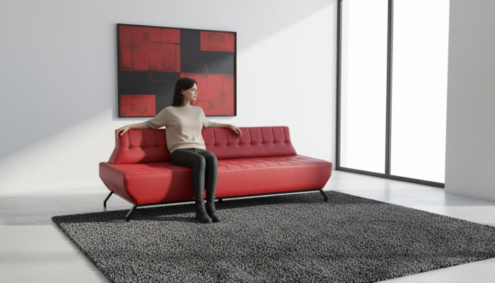 Bank Art Deco Design Rood 3-zitsbank Zitmeubel Chesterfield Knopen