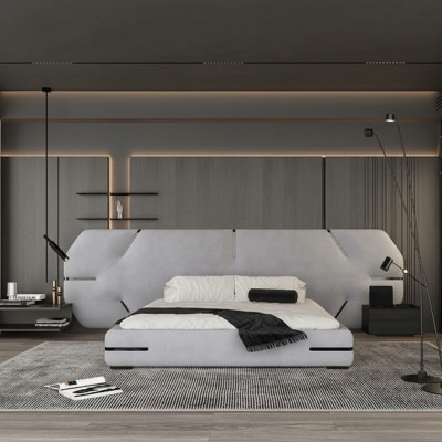 Moderne grijze bed met elegante hoofdbord en ontwerp voor de slaapkamer
