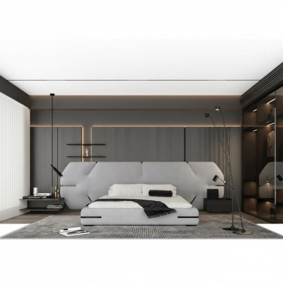 Moderne grijze bed met elegante hoofdbord en ontwerp voor de slaapkamer