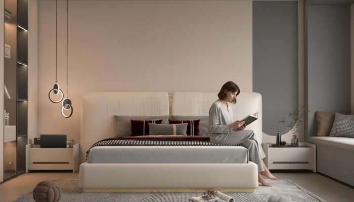 Beige luxe bed met gouden details, modern ontwerp, hoofdbord voor de slaapkamer