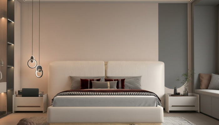 Beige luxe bed met gouden details, modern ontwerp, hoofdbord voor de slaapkamer