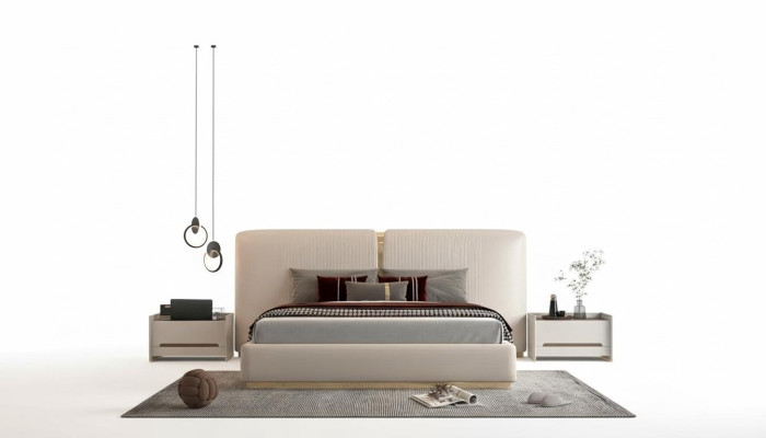 Beige luxe bed met gouden details, modern ontwerp, hoofdbord voor de slaapkamer