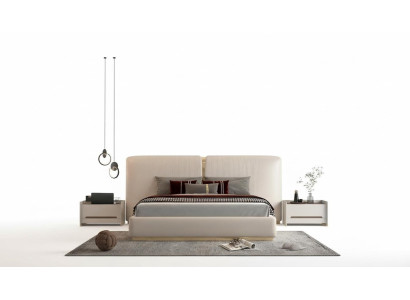 Beige luxe bed met gouden details, modern ontwerp, hoofdbord voor de slaapkamer
