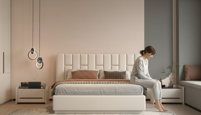 Beige luxe bed met moderne gestoffeerde hoofdeinde
