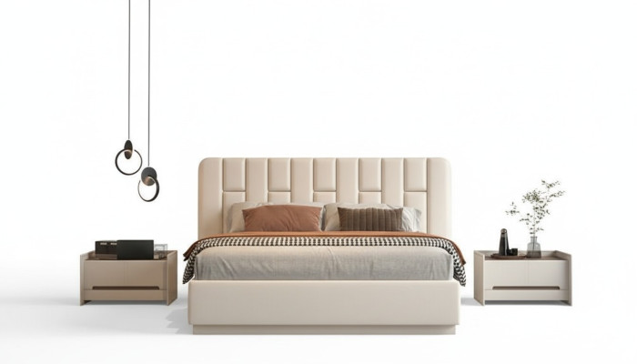Beige luxe bed met moderne gestoffeerde hoofdeinde