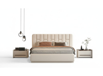 Beige luxe bed met moderne gestoffeerde hoofdeinde