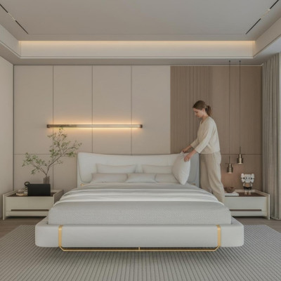 Luxe grijze bed met gouden details, modern ontwerp en comfortabele hoofdeinde