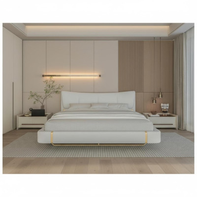 Luxe grijze bed met gouden details, modern ontwerp en comfortabele hoofdeinde