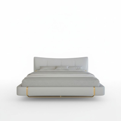 Luxe grijze bed met gouden details, modern ontwerp en comfortabele hoofdeinde