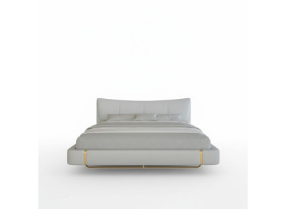 Luxe grijze bed met gouden details, modern ontwerp en comfortabele hoofdeinde