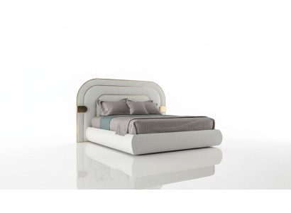 Luxe grijze bedframe met gouden details in modern ontwerp en zachte hoofdeinde