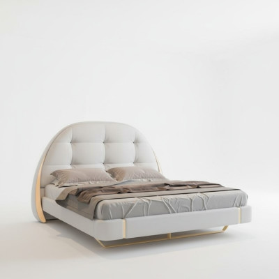 Luxe stoffen bed met geborduurde accenten en modern ronde hoofdeinde