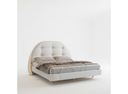 Luxe stoffen bed met geborduurde accenten en modern ronde hoofdeinde