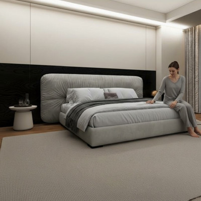 Luxe grijze bedframe met moderne gestoffeerde hoofdbord