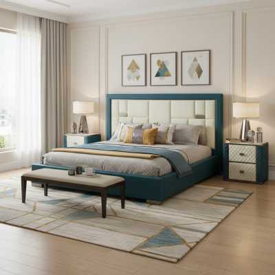 Luxe blauwe bed met moderne gestoffeerde hoofdeinde en felle kleuren