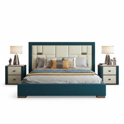 Luxe blauwe bed met moderne gestoffeerde hoofdeinde en felle kleuren