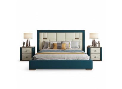 Luxe blauwe bed met moderne gestoffeerde hoofdeinde en felle kleuren