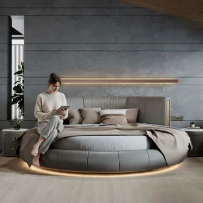 Grijs-beige ronde bed met modern exclusief ontwerp voor de slaapkamer
