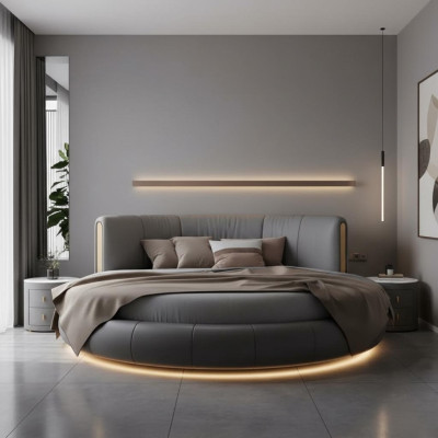 Grijs-beige ronde bed met modern exclusief ontwerp voor de slaapkamer