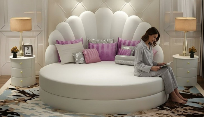 Elegante witte ronde bed met paarse fluwelen bekleding voor moderne slaapkamer