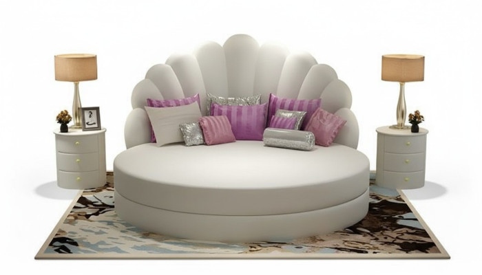 Elegante witte ronde bed met paarse fluwelen bekleding voor moderne slaapkamer
