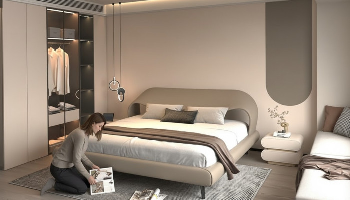 Elegante grijze bed met minimalistisch en afgerond ontwerp