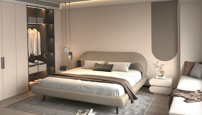 Elegante grijze bed met minimalistisch en afgerond ontwerp
