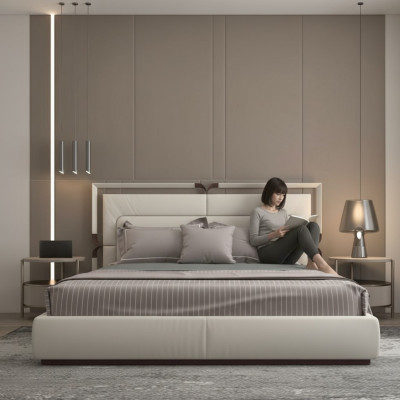 Moderne luxe bed in beige met bruine accenten en een elegante hoofdbord