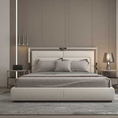Moderne luxe bed in beige met bruine accenten en een elegante hoofdbord