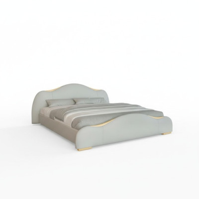 Moderne grijze bed met gouden details en een elegante hoofdeinde
