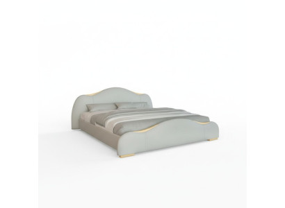 Moderne grijze bed met gouden details en een elegante hoofdeinde