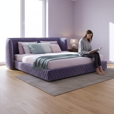 Moderne blauwe fluwelen bed met elegante hoofdbord