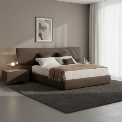 Moderne zwarte stoffen bed met hoge hoofdeinde