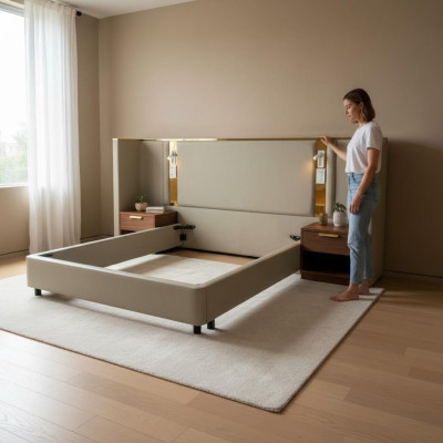 Beige luxe design bed met LED-verlichting, gouden frame en moderne hoofdbord