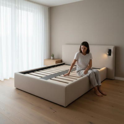 Moderne beige bed met LED-verlichting en luxe hoofdbord