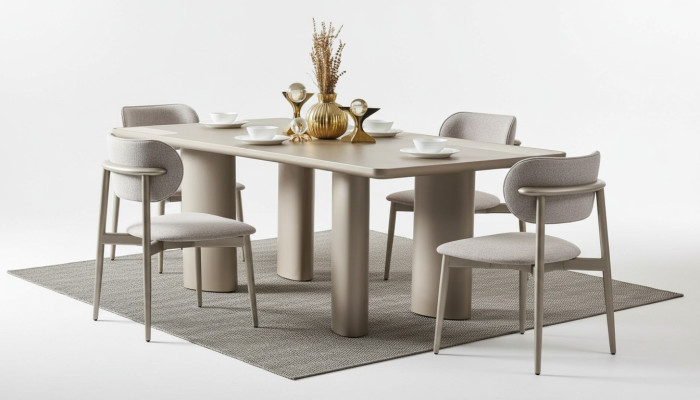Elegante beige tafel met houten poten en 4 stoffen stoelen