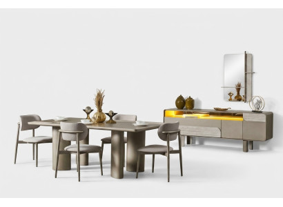 Elegante beige houten eettafelset met stoelen en console