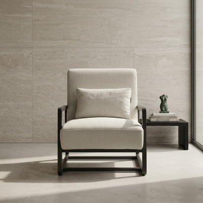 Moderne stoffen fauteuil met houten frame