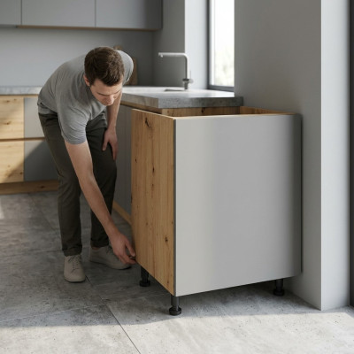 Mobiele grijze kast onder de gootsteen