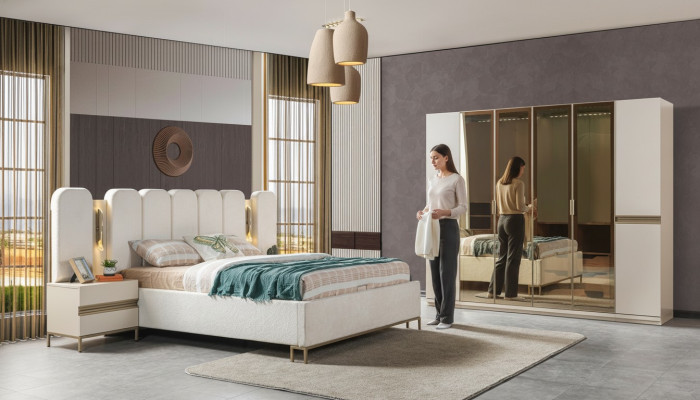 Moderne slaapkamermeubelset 4 delen: bed, kast, nachtkastje