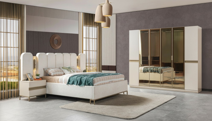 Moderne slaapkamermeubelset 4 delen: bed, kast, nachtkastje