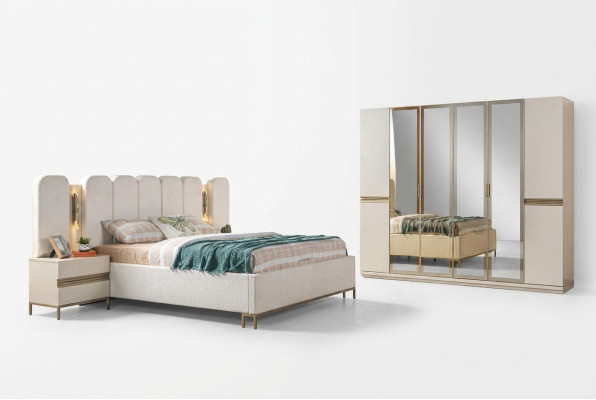 Moderne slaapkamermeubelset 4 delen: bed, kast, nachtkastje