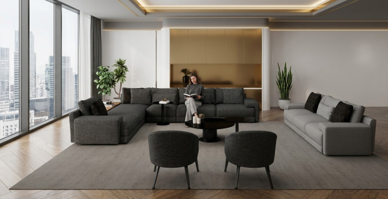 Elegante hoekbank met twee fauteuils die design en comfort combineert