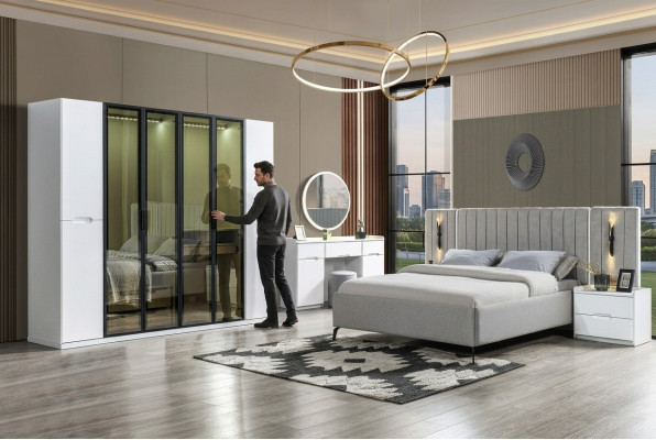 Slaapkamer meubelset in vier delen bed, kast, nachtkastje, hout 6 delen